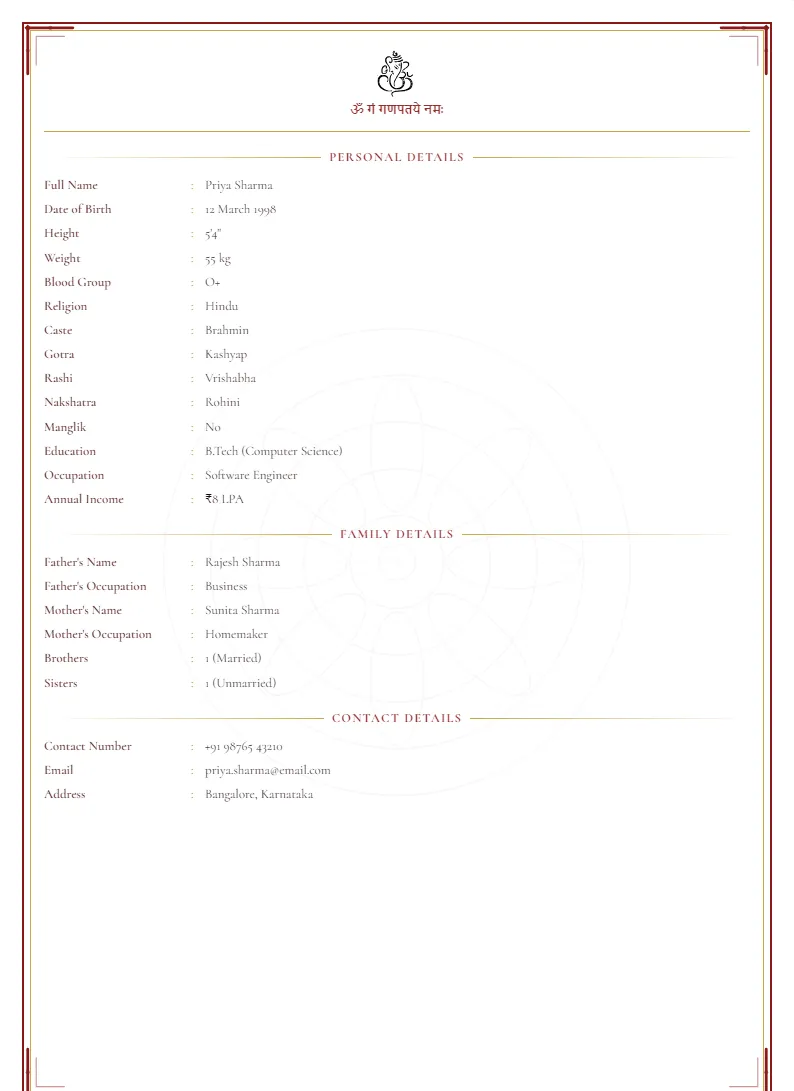 Classic marriage biodata — real sample output