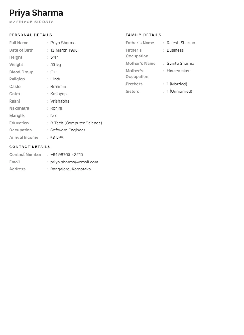 Clean Slate marriage biodata preview