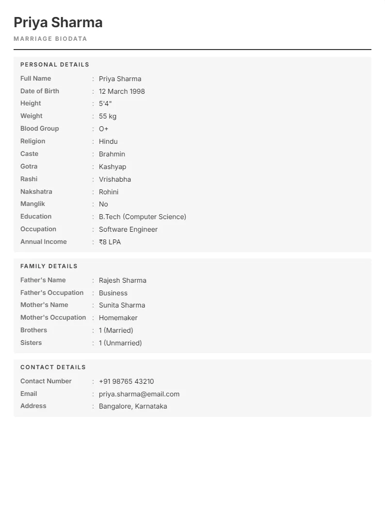 Corporate Minimal marriage biodata preview