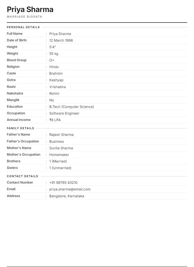Corporate Resume marriage biodata preview