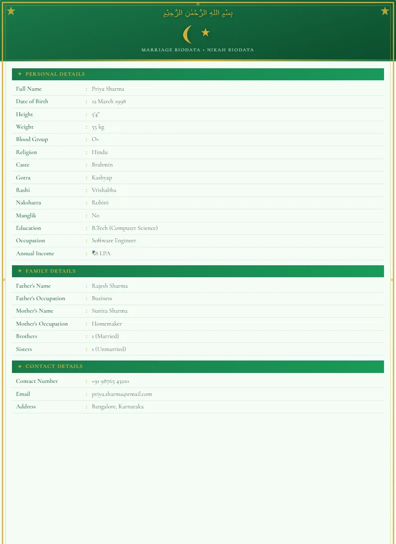 Islamic Green marriage biodata — real sample output