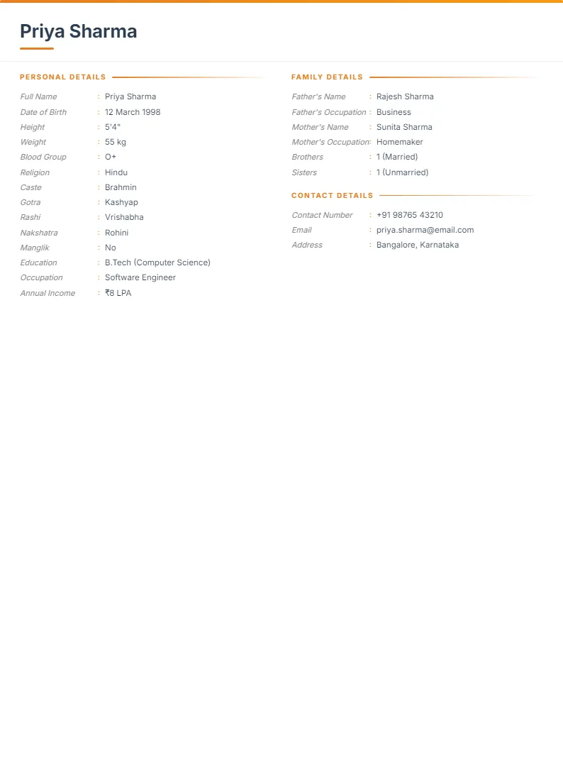 Minimalist marriage biodata preview