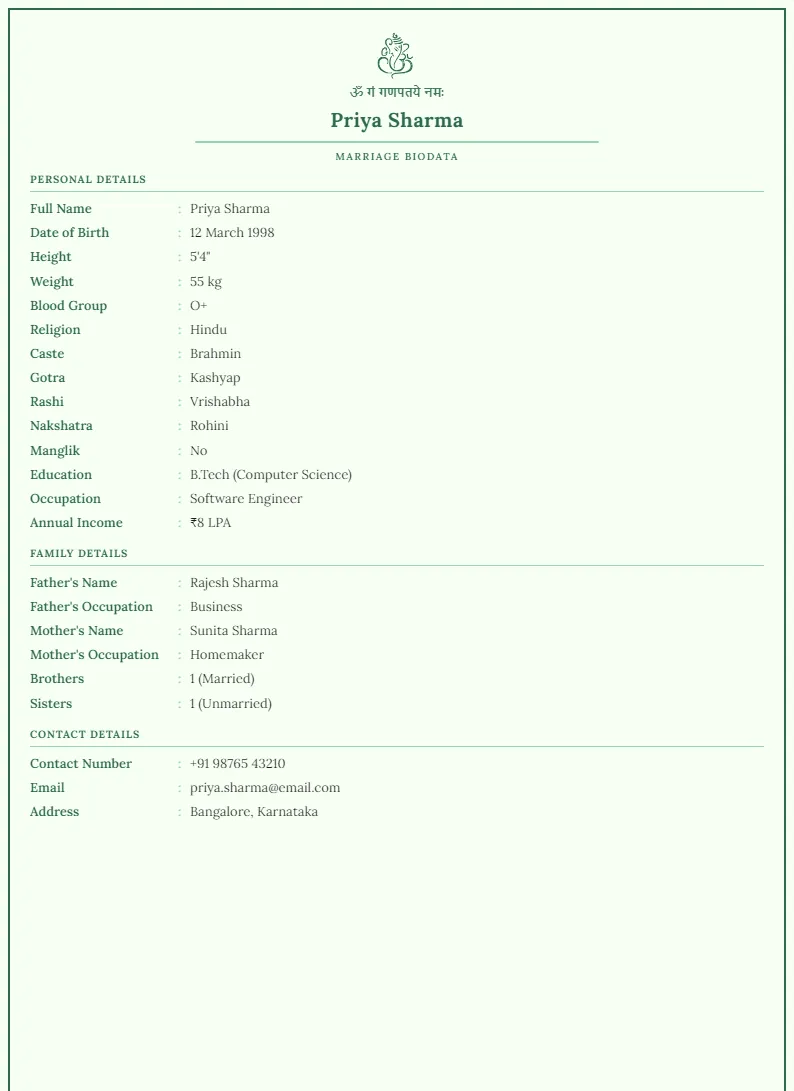 Nature Green marriage biodata preview