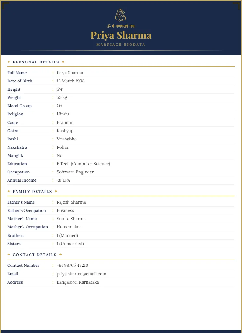 Royal Navy marriage biodata — real sample output