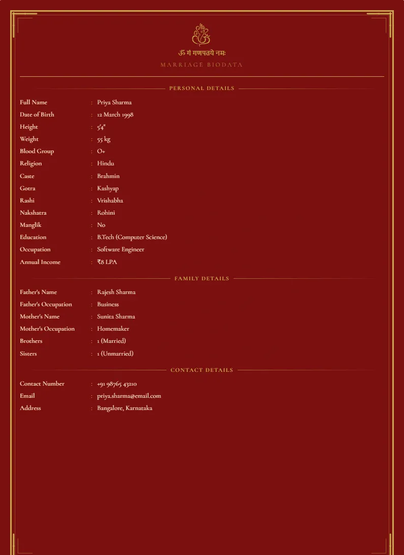 Royal Red marriage biodata preview