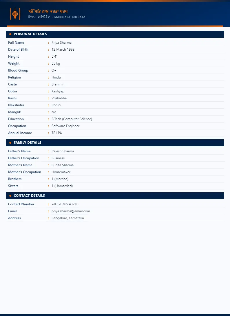 Sikh Punjabi marriage biodata — real sample output