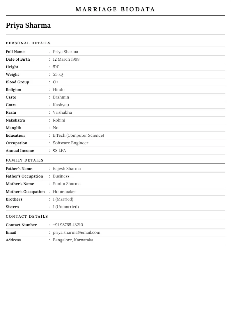 Simple B&W marriage biodata preview